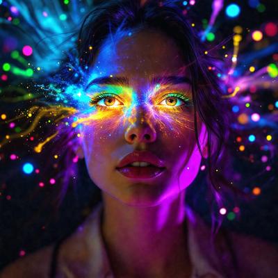 The primary subject of the image is a woman with a vibrant, colorful, and psychedelic appearance. She has a bright, glowing face with a mix of neon colors, and her eyes are open wide. The setting is a dark background, which contrasts with the woman's bright and colorful features. The visual style of the image is a combination of digital art and illustration, creating a unique and eye-catching effect. The colors and mood of the image are energetic, l
